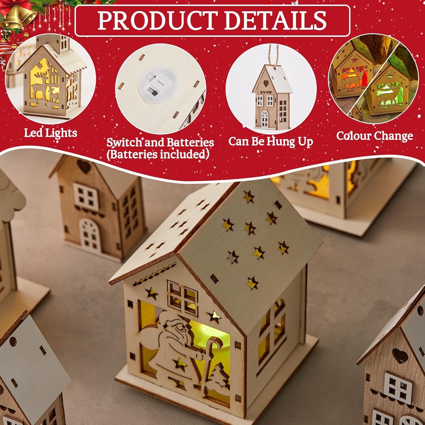 Skiennix 29-Piece Christmas Village Set - Lighted Wooden Houses & Miniature Trees for DIY Crafts