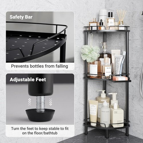 ELYKEN Corner Shower Caddy - 3-Tier Rustproof Metal Organizer with Soap Holder & Adjustable Feet | Black