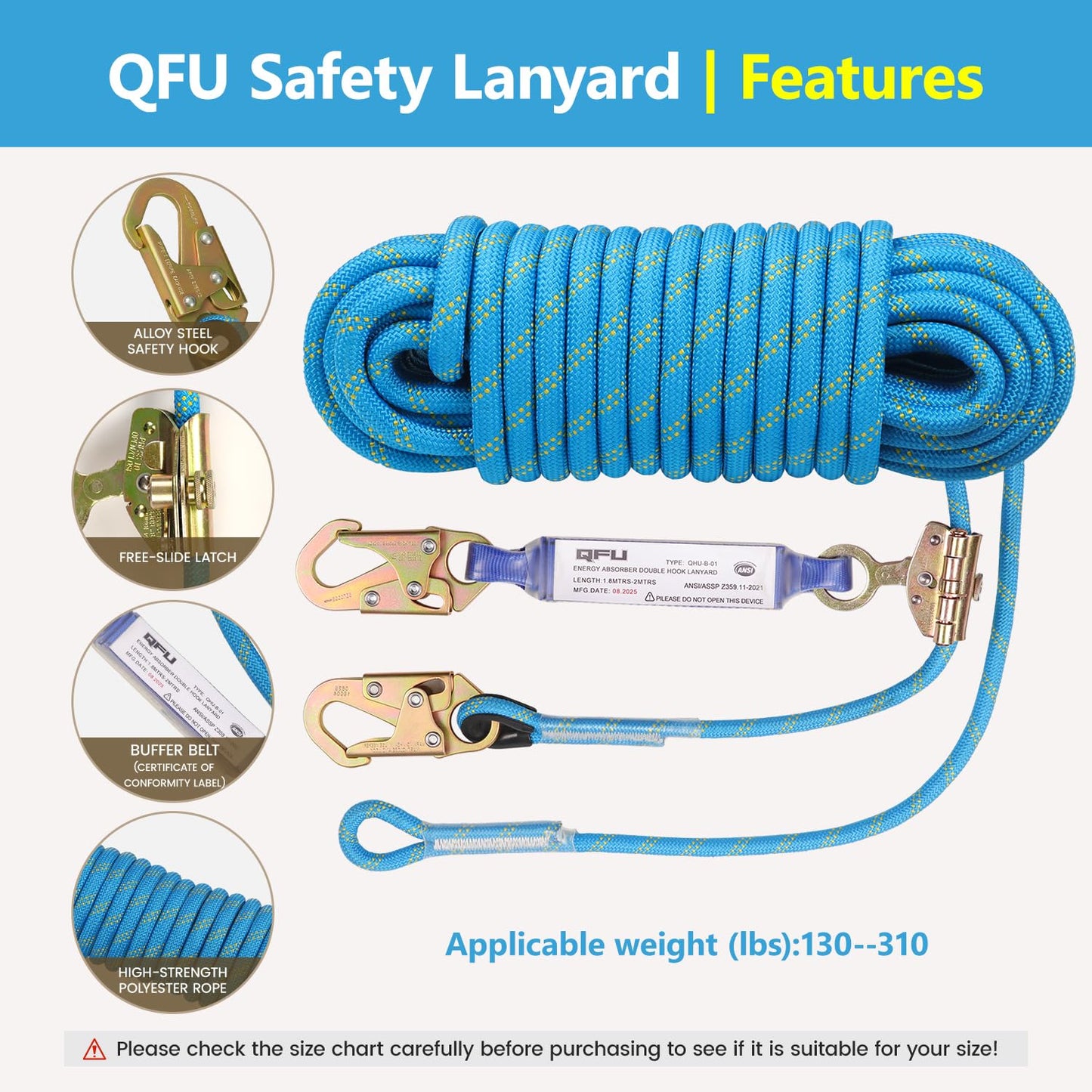 QFU 25 50 100FT Fall Protection Safety Rope - Heavy Duty Vertical Roof and Tree Climbing Rope, equipped with alloy steel clips, shock-absorbing rope, safety harness, ANSI certified