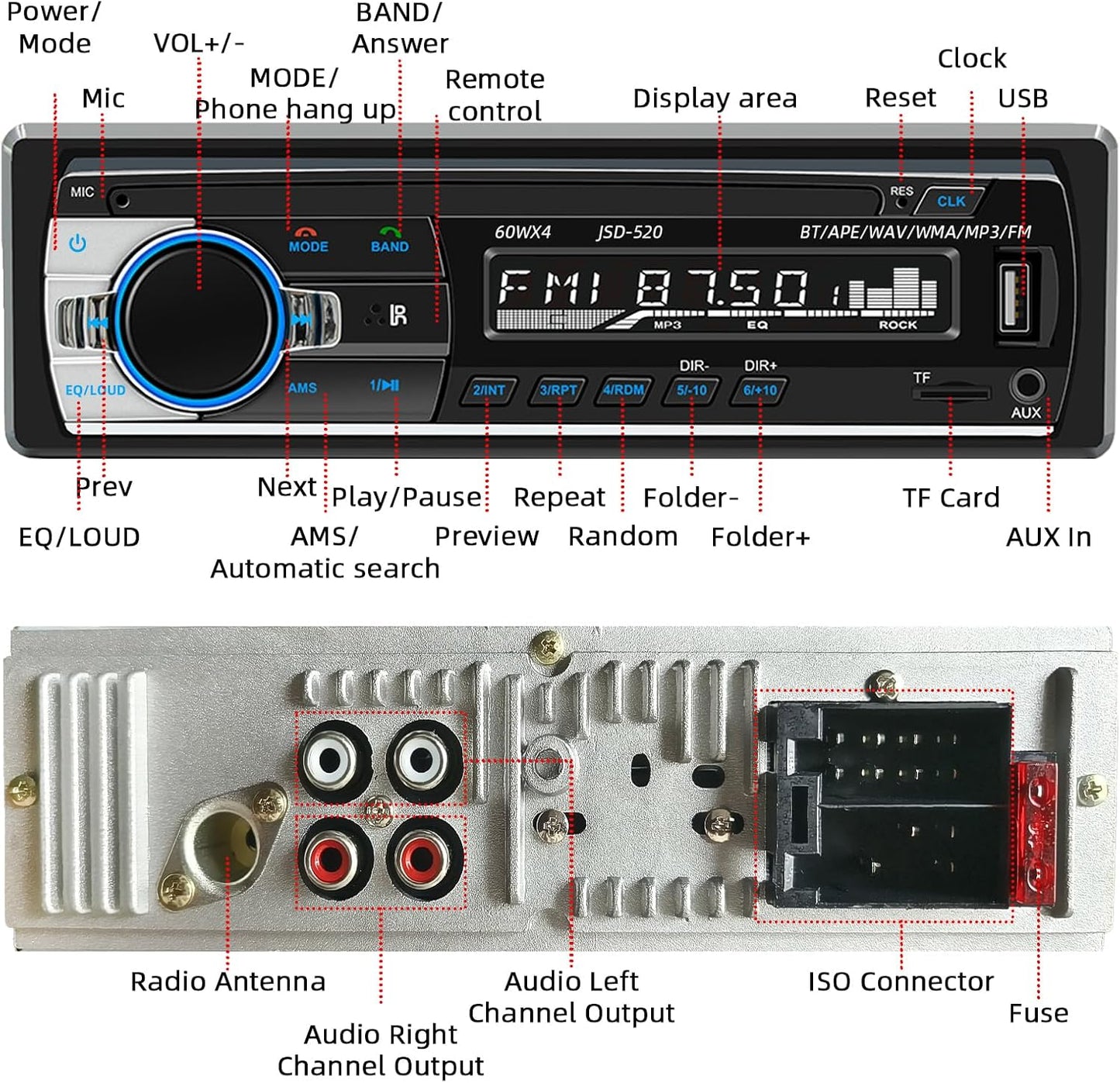 Auroky JSD-520 Charging/MP3/AUX/TF, Car Stereo Audio Single Din Bluetooth Handsfree FM Radio Receiver USB No CD Player