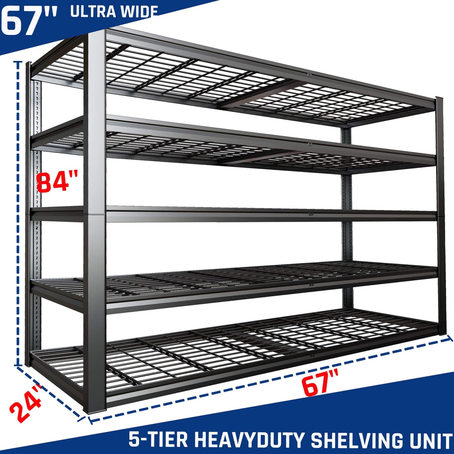 PMKES 67" W Garage Shelving Heavy Duty, 67" W x 24" D x 84" H, Adjustable 5 Tier Metal Shelves, Commercial Metal Shelf Rack, Industrial Shelving
