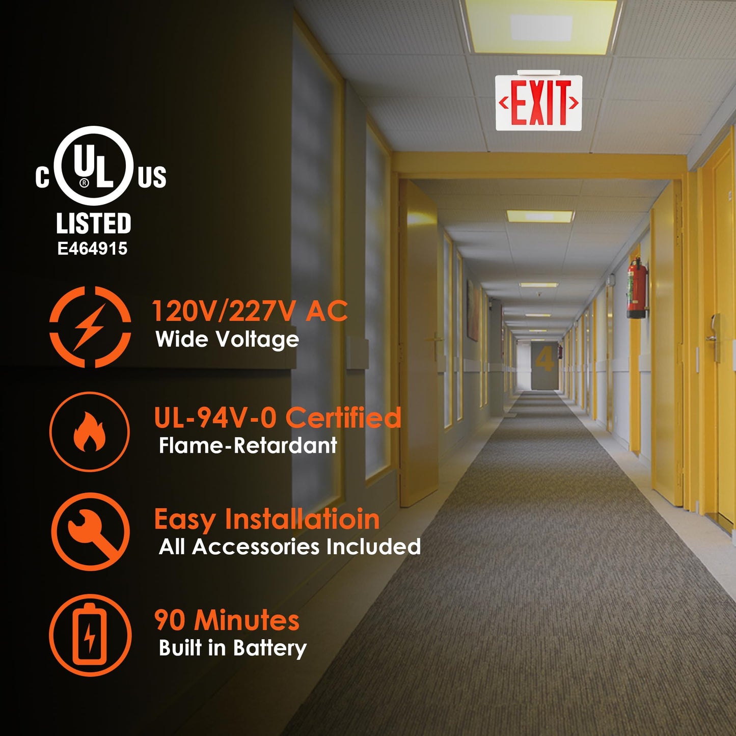 Gruenlich LED EXIT Sign, Emergency Light with Double Face and Back Up Batteries- US Standard Red Letter EXIT, UL 924 Qualified, 120/277 Voltage, 1-Pack