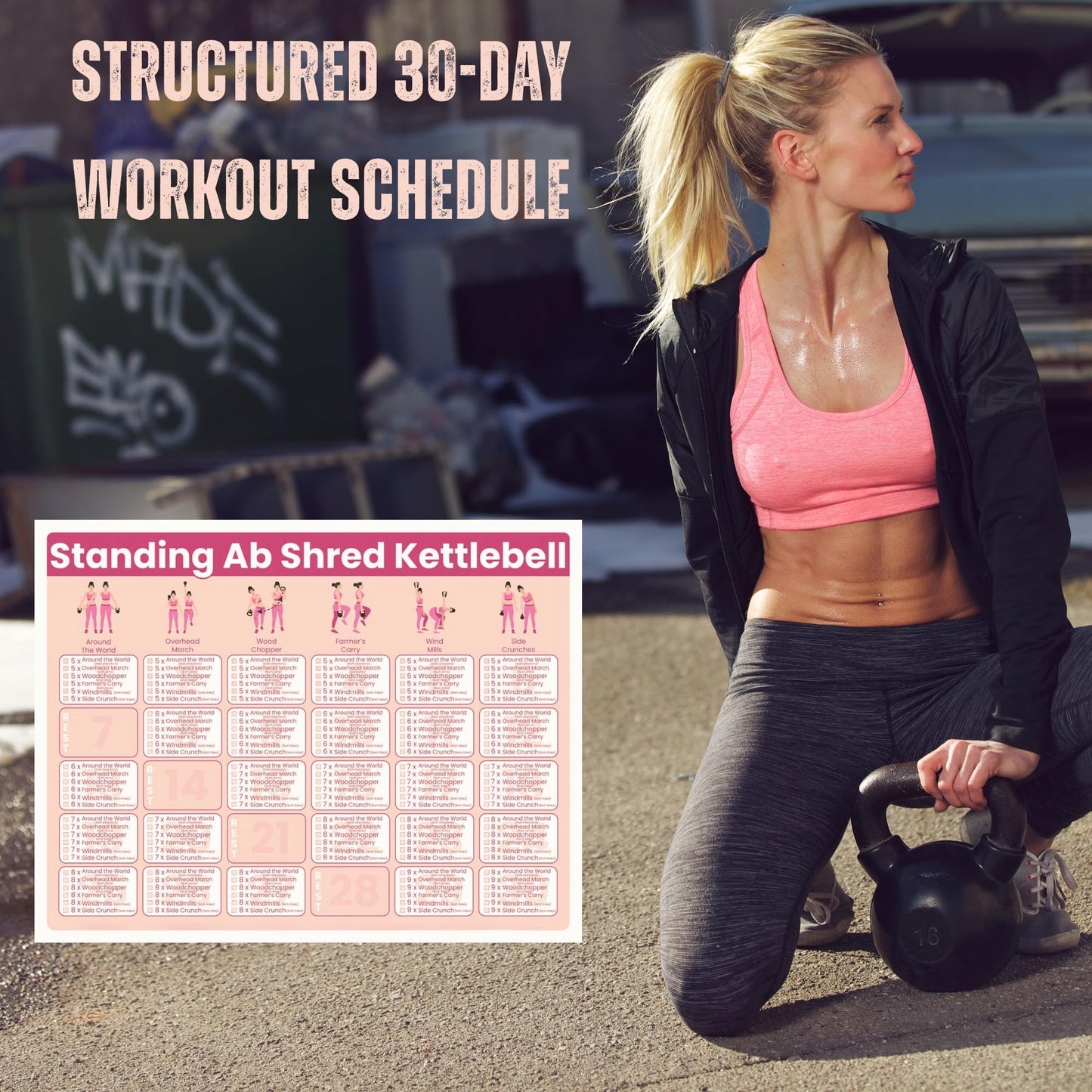 Auroscent 30-Day Standing Ab Kettlebell Workout Plan – Core Training Program, Exercise Charts, No Floor Ab Routine for Home Gym, Step-by-Step Guides + Workout Schedule