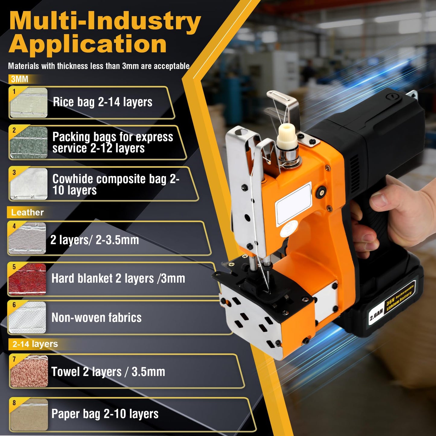 Cordless Bag Sewing Machine 2s/bag, Cordless Bag Closing Machine with 2.6A 36V Rechargeable Lithium Battery, Aluminum Alloy Portable Bag Sewing Machine for Burlap Sack, Canvas, Feed Sacks