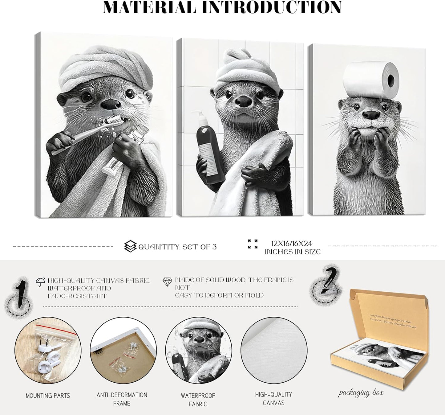Otter Canvas Wall Art Set by Cute Bathroom | Funny Black and White Decor for Restroom | Ready to Hang 12x16 Inch