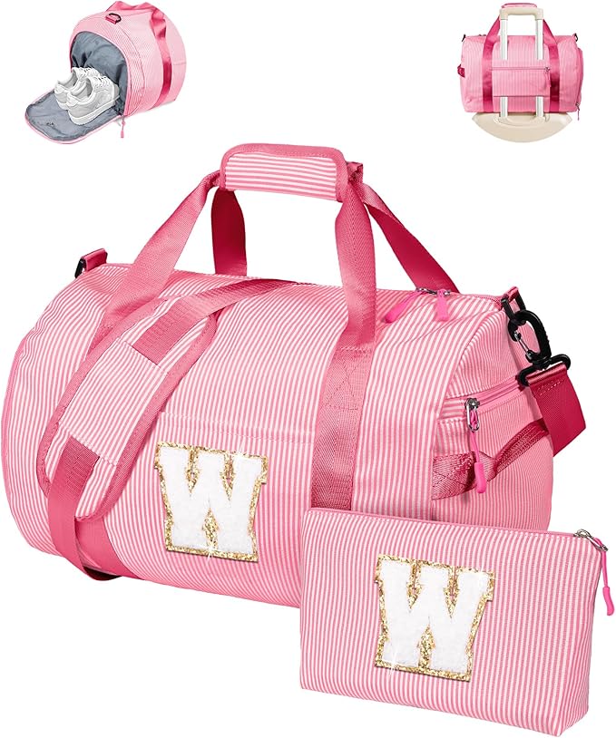 Ballet Gift for Little Girls, Girl Gym Bag, Kids Initial Overnight Duffel Bags with Shoe Compartment, Personalized Travel Bag with Makeup Pouch, Dance Recital Gifts for Daughter (Letter W)