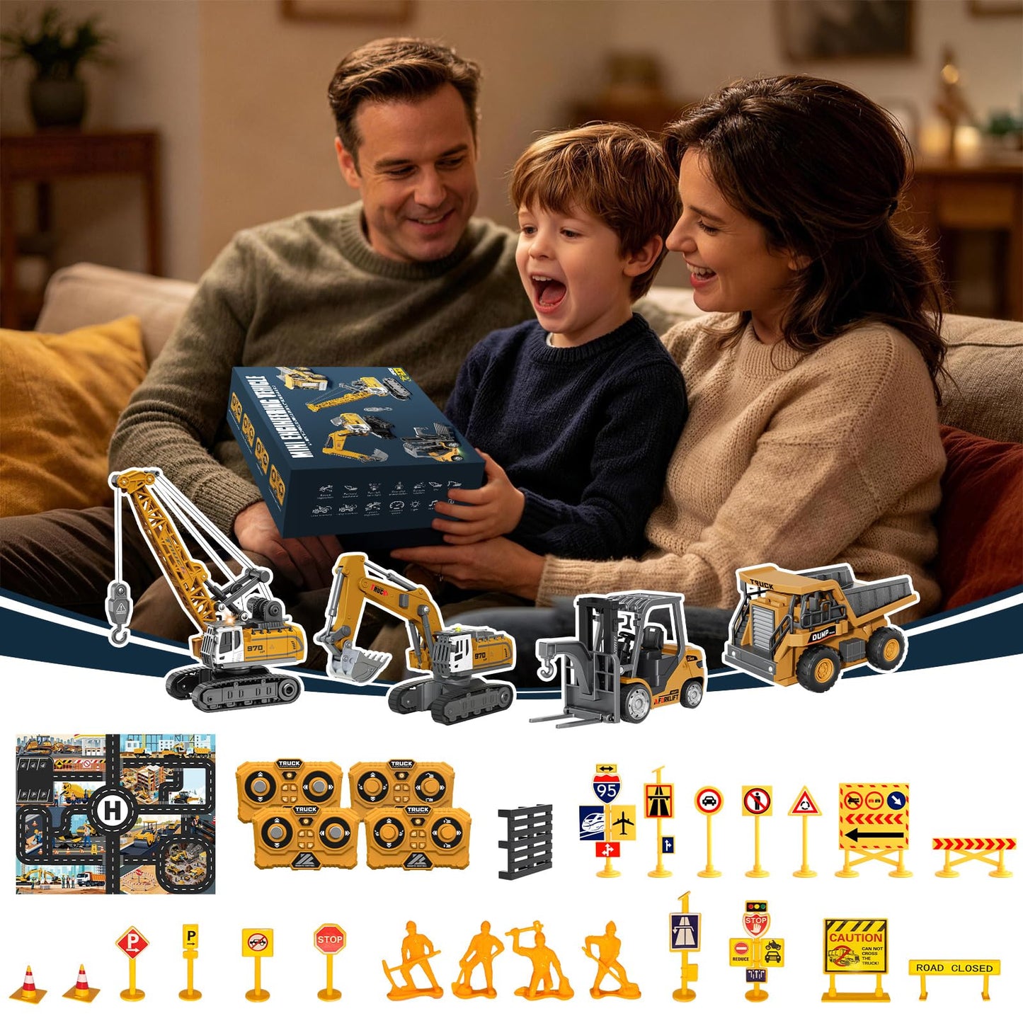 4 PCS RC Construction Vehicles Set with Mini Excavator dump truck Forklift and crane USB Charge Real Lights & Sounds and Movable Parts & Traffic Sign Simulate True Scale Birthday Gifts for Kids Adults
