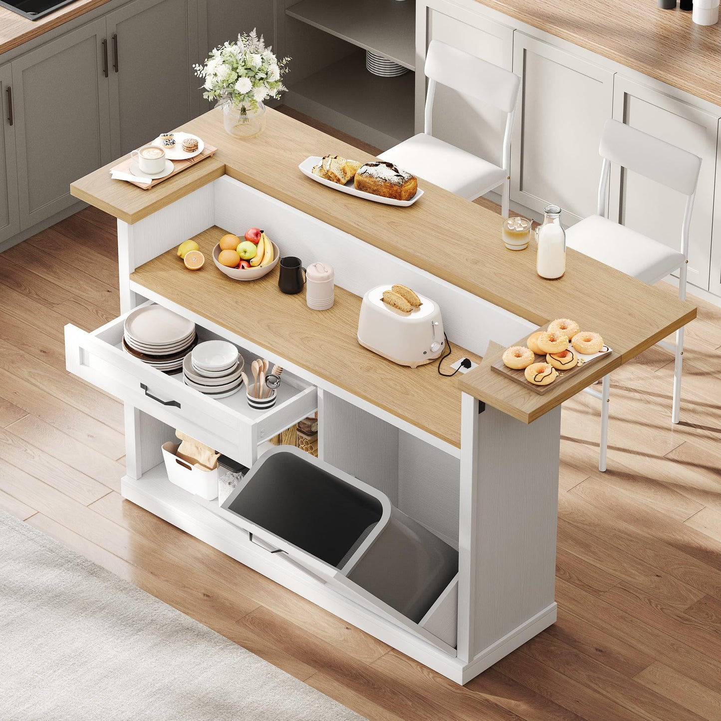 Homiflex Kitchen Island with Seating, Rolling Kitchen Islands with Storage, 55" W Large Island Table, Breakfast Bar Counter with Drop Leaf, Trash Can Cabinet, Power Outlet for Dining Room, White