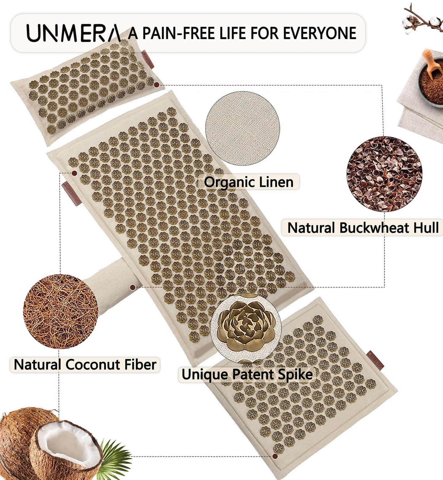 UNMERA Acupressure Mat and Pillow Set,Natural Premium Linen & Coconut Fiber Filling,for Back/Neck Pain Relief, Sciatic, Headache and Muscle Relaxation, Comes with Carrying Bag