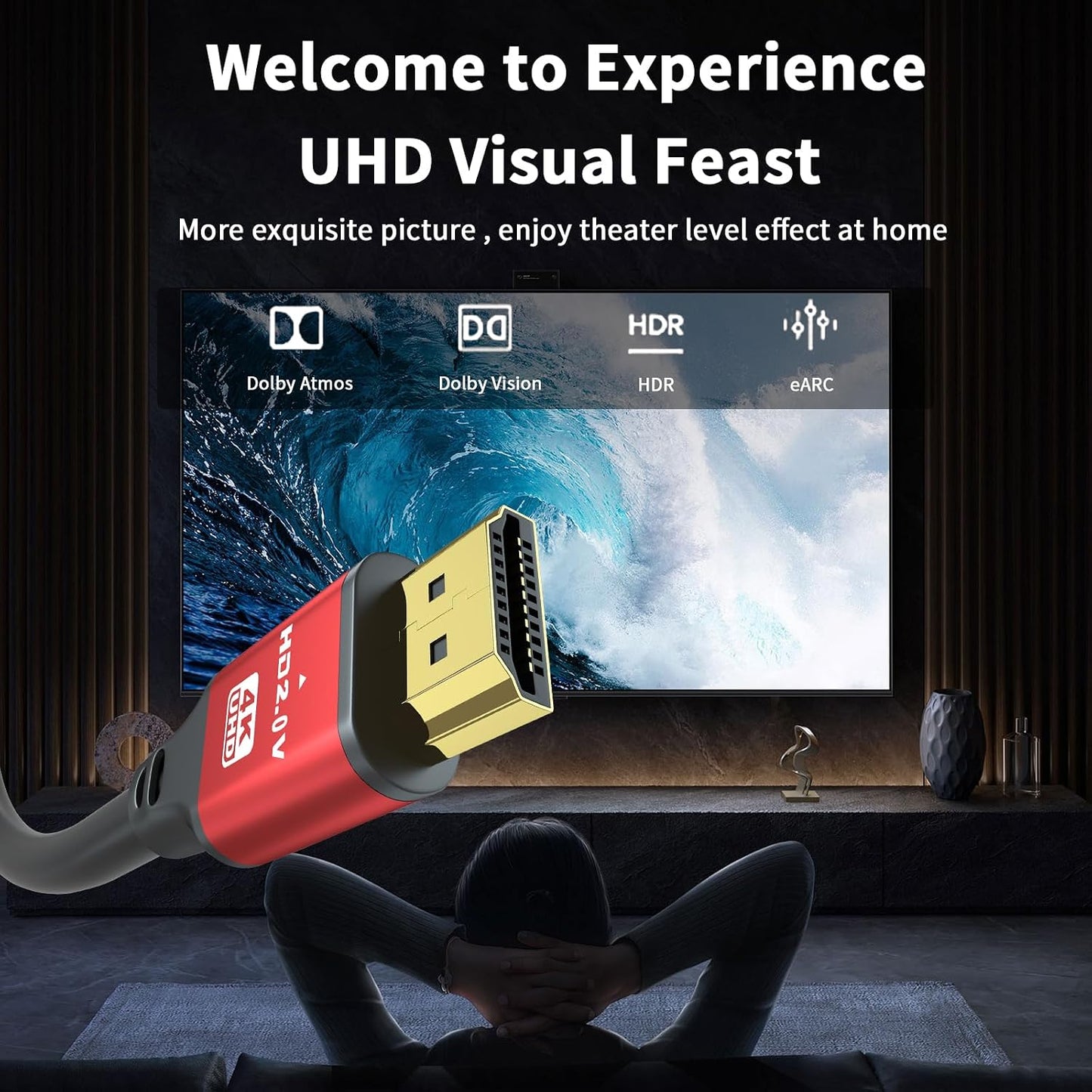35FT 4K60Hz, 4K Setup. Long HDMI Cable High Speed HDMI Cable with Gold Plated Connectors, Red Aluminum Housing