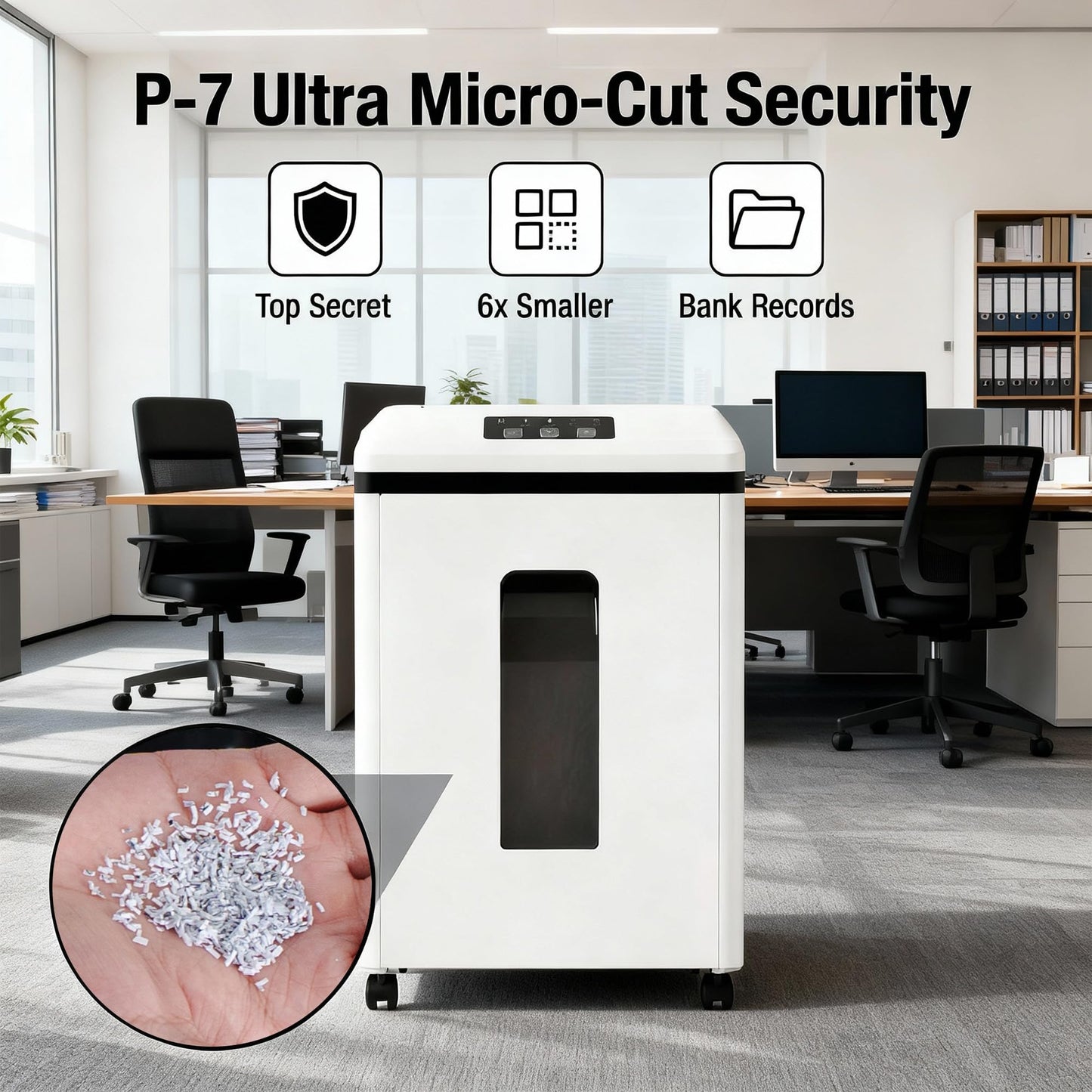 Trishintage Heavy Duty Paper Shredder: 7 Sheets P-7 Ultra Micro-Cut 3/64''*5/64'' Shreds Credit Cards & CDs 30 Min Continuous Run 6-Gallon Bin High-Security Commercial for Home Office Business Bank