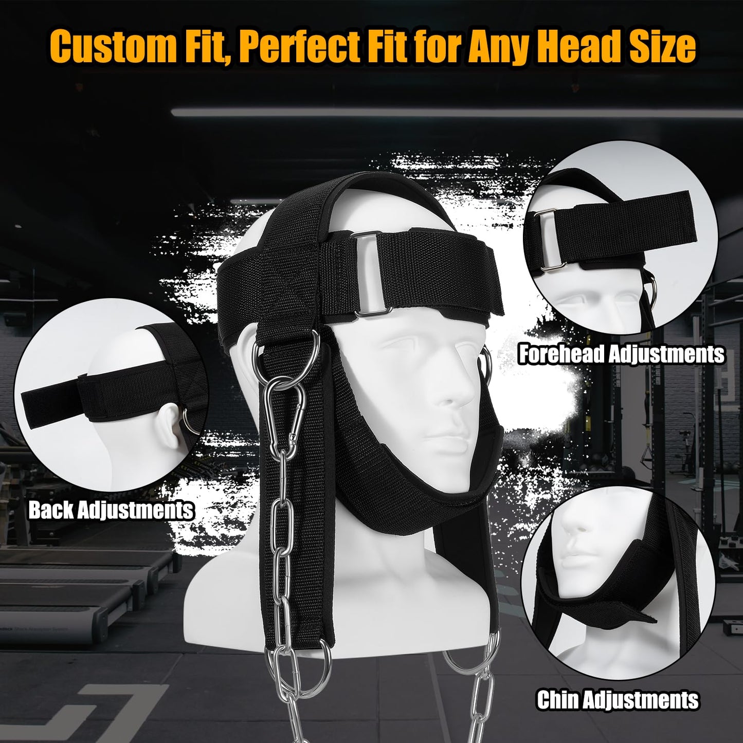 Neck Harness Weight Lifting, Portable Neck Exerciser for Neck Muscle Builder and Pain Relief, Adjustable Soft Padded Chin & Head Strap, Heavy Duty Stainless Steel Chain