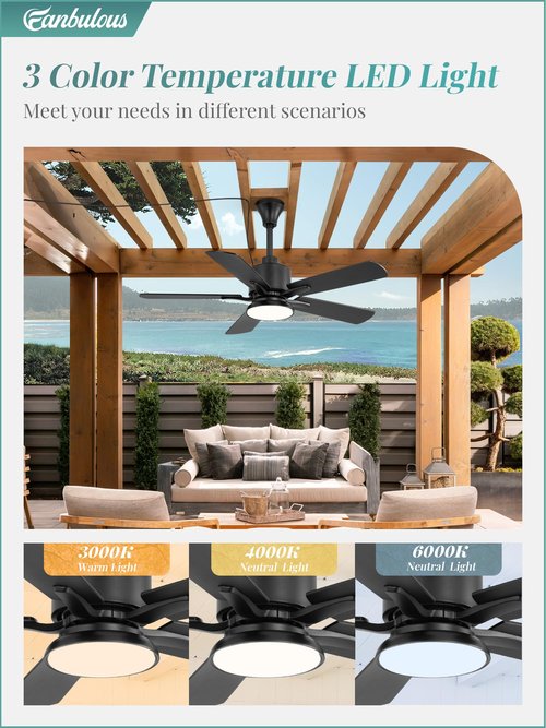 Fanbulous 42" Outdoor Ceiling Fan with Light for Patios, IP65 Waterproof Gazebo Fan, Plug in Ceiling Fan with Remote, 3CCT 6-Speed Black Ceiling Fan with Hanging Hook for Porch, Pergola,Canopy