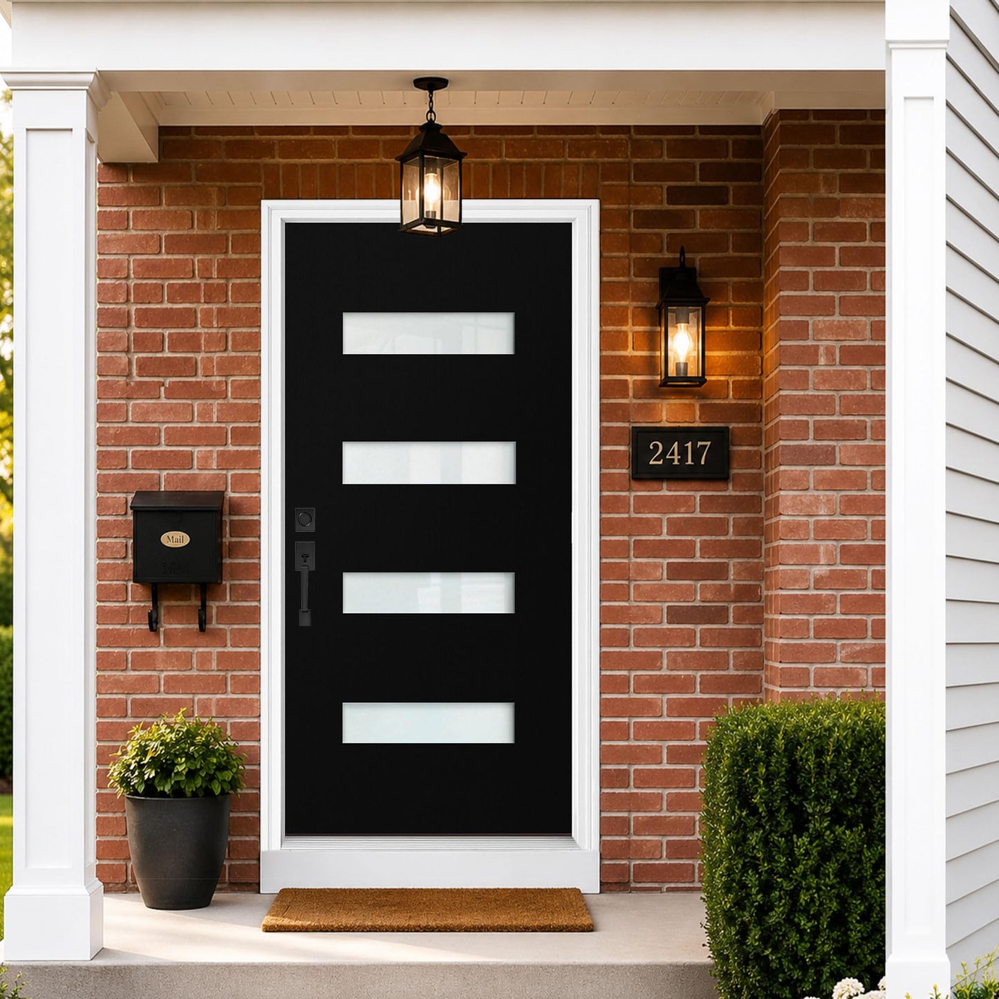 KHSHOW 36 x 80 Fiberglass Entry Door with Brickmould, Frosted Glass, Black Finished Knock-Down Fiberglass Door - Contemporary Style for Home's Front Entrance, Right Hand Inswing with Vinyl Frame