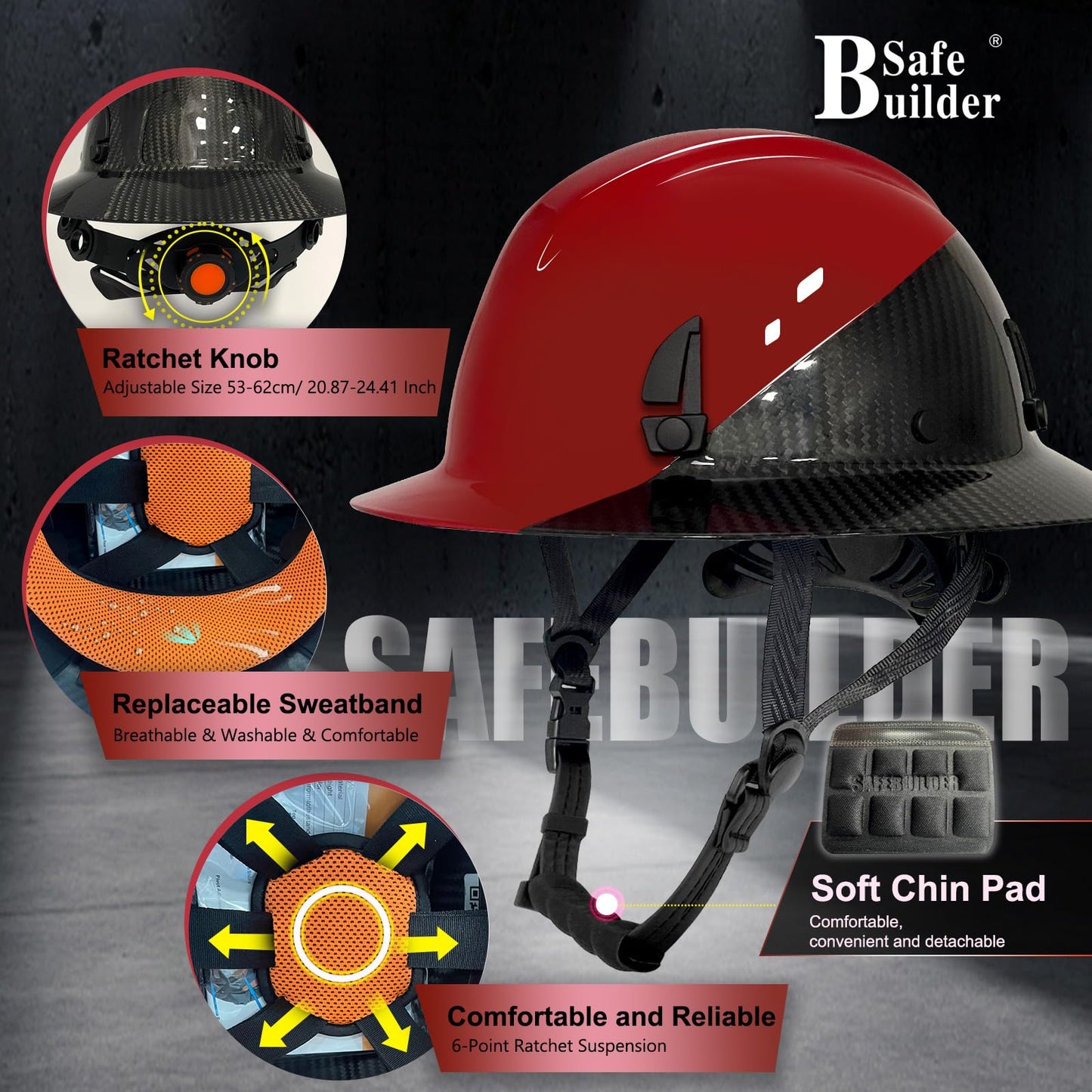 SAFEBUILDER Carbon Fiber Full Brim Hard Hats Made of Carbon Fiber Safety Helmet 6-Point Suspension ANSI Certified for Construction, Industrial, Outdoor Work (Carbon Fiber Hard Hats-A Red)