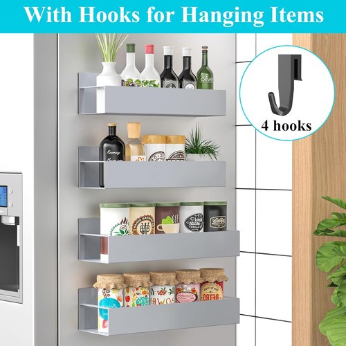 HuggieGems Magnetic Spice Rack Organizer - 4 Pack for Refrigerator & Oven | Gray Storage Solution
