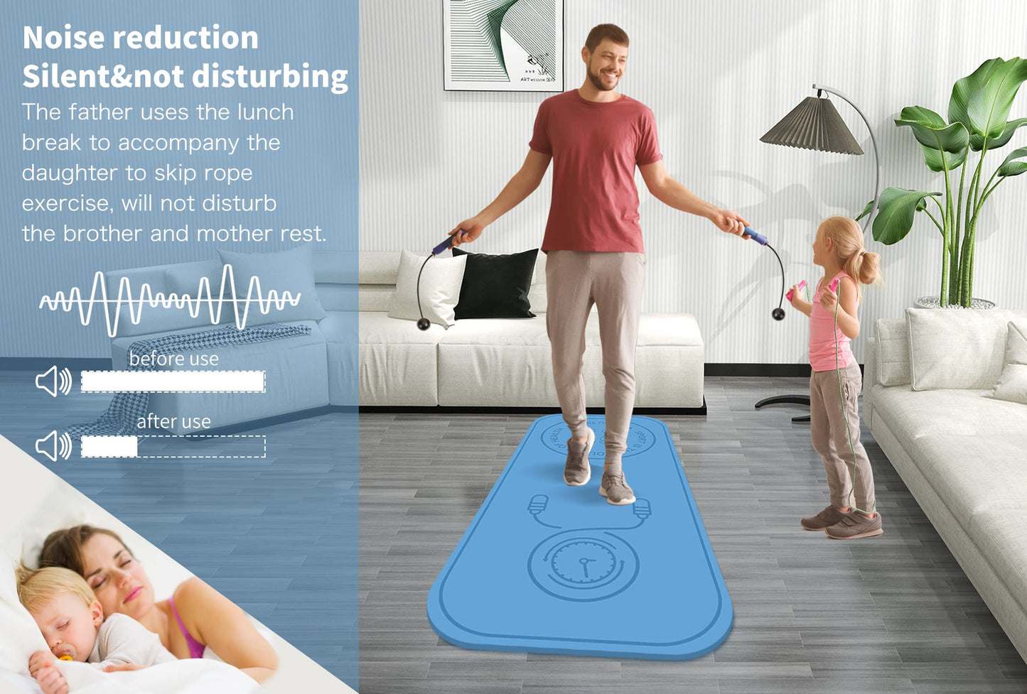 LERYG Jump Rope Mat Shockproof Exercise Skipping Mat All-Purpose Extra Thick High Density Anti-Tear Exercise Yoga Mat, Non Slip for Indoor and Outdoor in Light Blue
