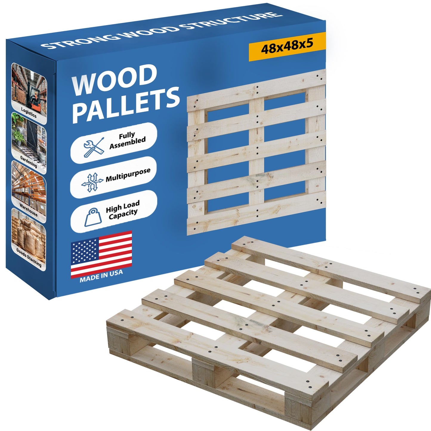 Greaton, Heavy-Duty 4-Way Entry Wooden Pallet – 48x48x5”, Industrial-Grade Hardwood Shipping Pallet, Durable, Reusable, Stackable, Easy to Handle, Commercial Use as a Floor-Pallet, 1 Pack