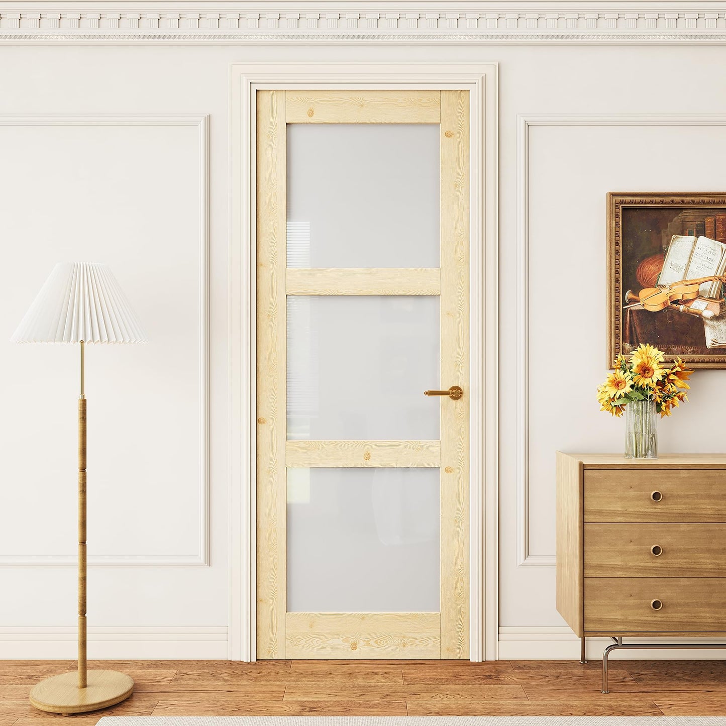 30x80 3-Panel Prebuilt Frosted Glass Wood Door Slab, Sliding Barn Wood Door with Glass, Interior Doors, Solid Natural Pine Panelled Slab, as Storage, Bedroom, Pantry, Laundry Room Doors