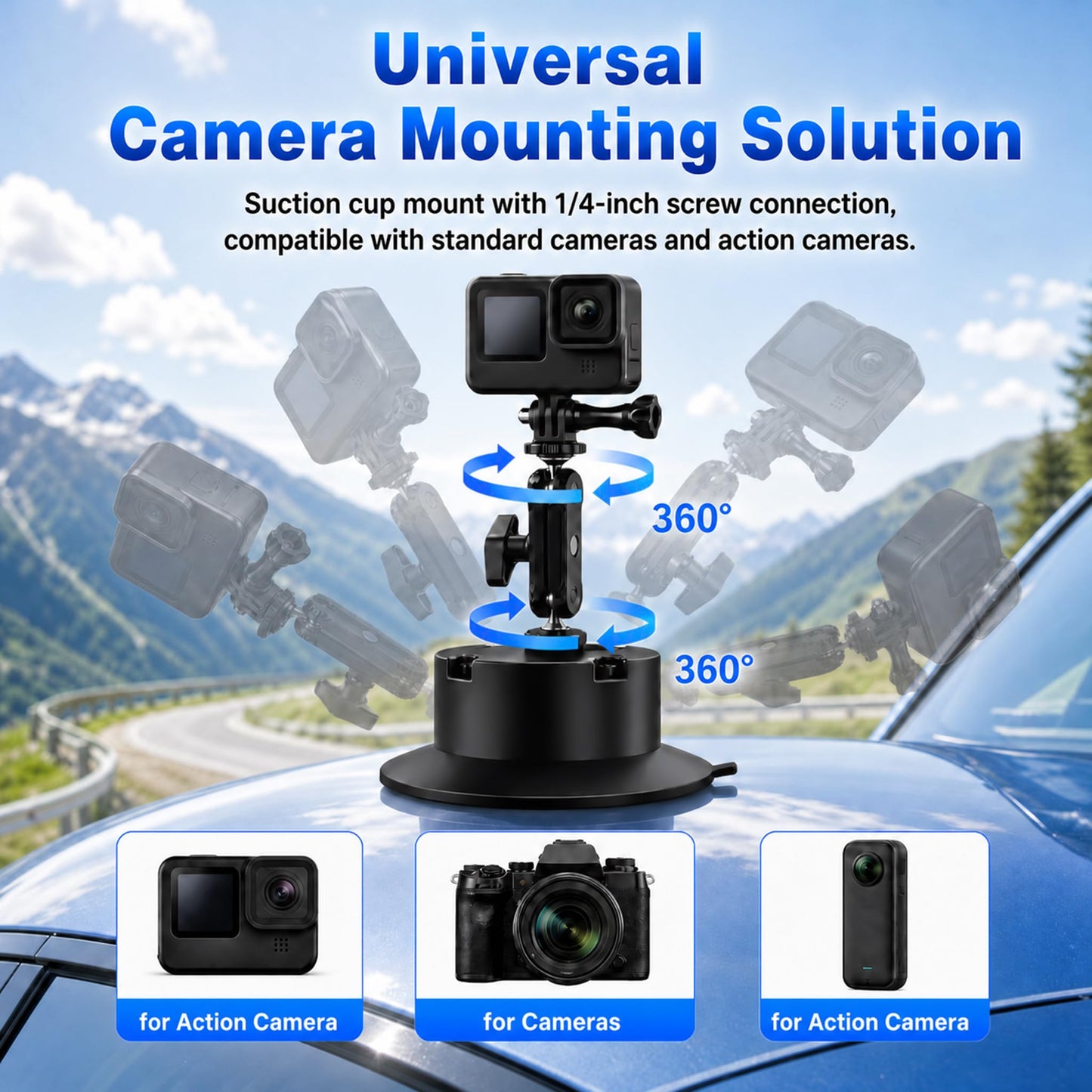Jakenfou 6" Electric Camera Suction Cup Mount Kit with Display, 5KG Max, 1-Week Battery for Action Camera/Phone on Car/Windshield