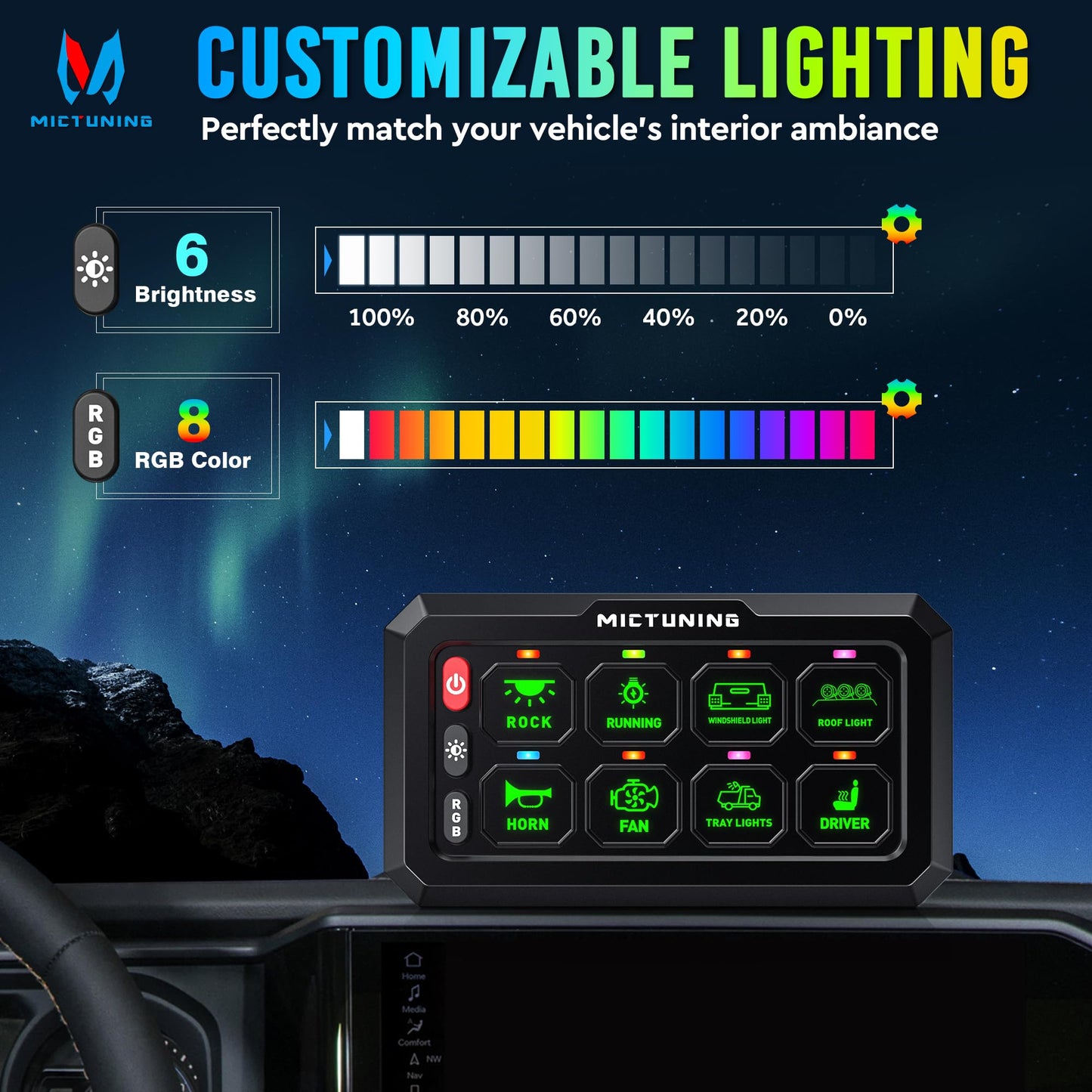 MICTUNING P1C+ RGB 8 Gang Switch Panel, IP67 Waterproof 6 Level Brightness Multifunction Toggle Momentary Flash Strobe Circuit Control Relay System Box for Off Road Truck SUV UTV RV