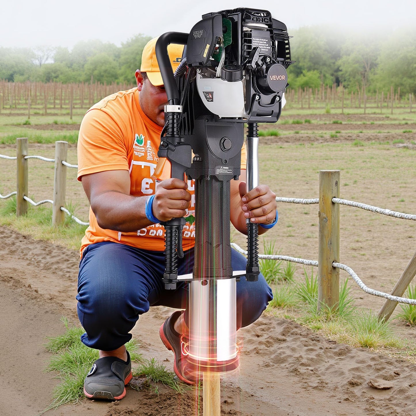 VEVOR Gas Powered T Post Driver, 37.7cc 4-Stroke Engine Efficient Post Pounder with 3 Piling Sleeves, Vibration-Reducing Handle, Heavy Duty Fence Pile Driver for Farm, Orchard, Road Work, Landscaping