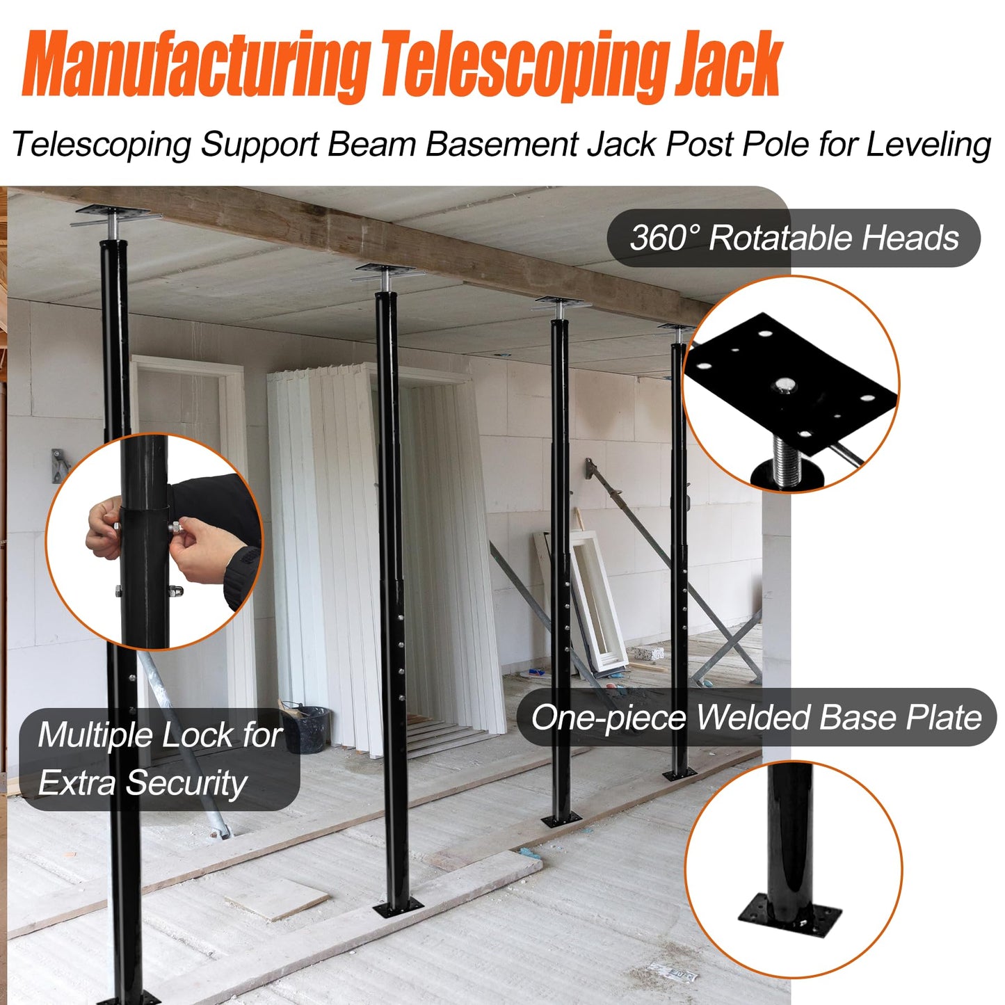 House Floor Jacks Post Pole for Leveling, 54"- 155" Height Range Lifting Shore House Jack Post, Adjustable Support Beam Basement House Jacks for Temporary Support, 18000 lbs Max Load Capacity