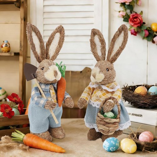 DR.DUDU Easter Bunny Figurines - Set of 2 Rustic Straw Rabbit Statues for Spring Decor | 13-Inch Tabletop Ornaments