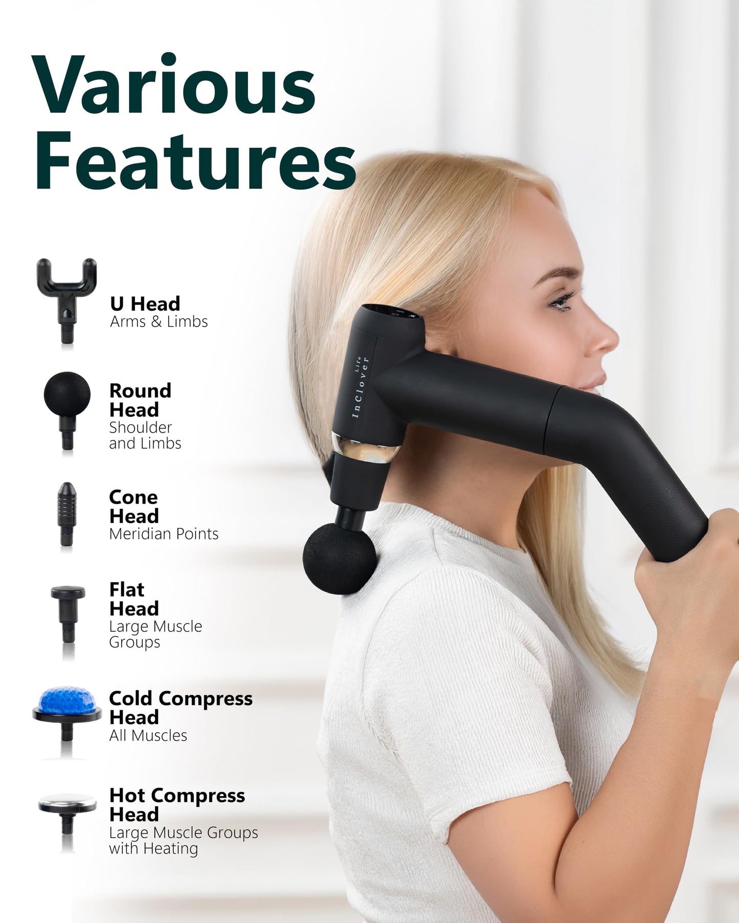 InClover Life Massage Gun with Detachable Extension Handle for Deep Tissue Muscle Massage – Handheld Back & Shoulder Percussion Heated Massager for Men & Women. Professional Pain Relief Massage Tool.