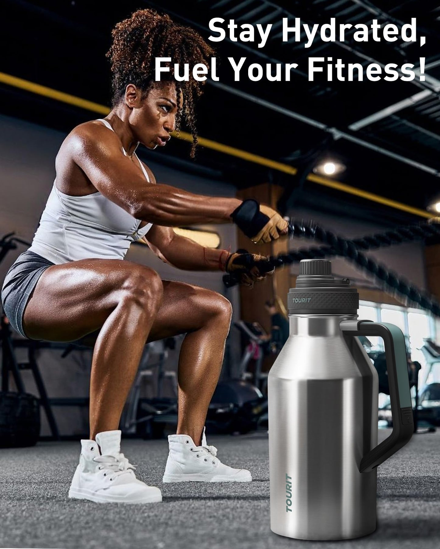 TOURIT 64oz Insulated Water Bottle Stainless Steel, Half Gallon Large Water Jug with 2-in-1 Handle, Double Wall Vacuum Metal Keep Cold & Hot, Wide Mouth Sport Water Flask For Gym, Travel, Silver