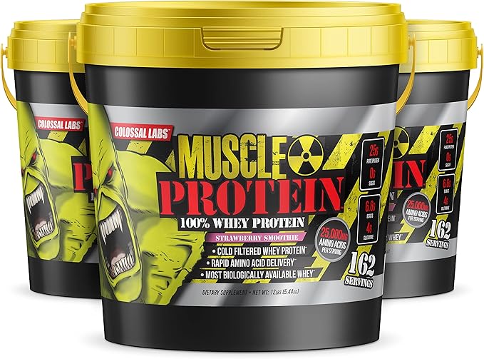Muscle Protein Whey Powder [12 lbs/Pack of 1]??Cold Filtered, 25g Pure Protein, 6.6g BCAAs (Packaging May Vary) (12LB, Strawberry)