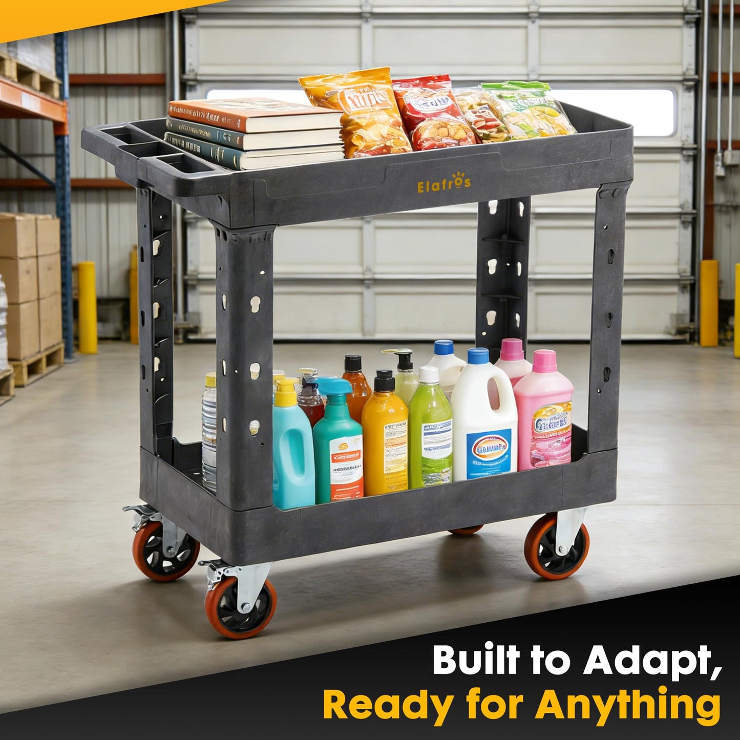 ELAFROS Heavy Duty Rolling Cart 34 x 17 Inch – 2 Tier Plastic Utility Cart, Service Cart with Deep Tub Shelves, Swivel Casters, 550 lbs, Gray