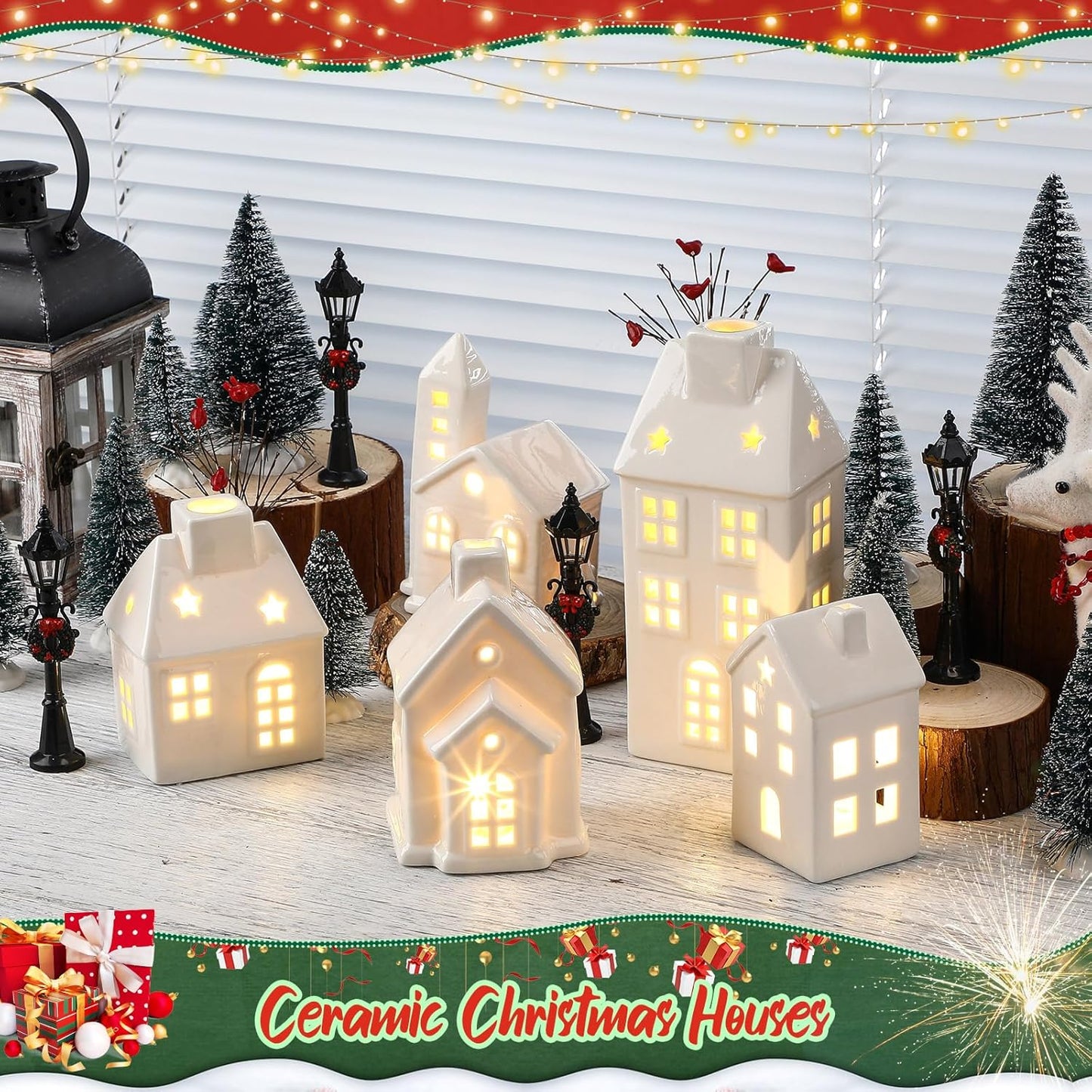 WinnerWhy Christmas Village House Set - 24 Pcs LED Lighted Mini Ceramic Ornaments for Festive Decor