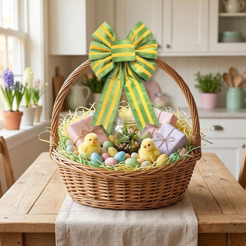 Hying Easter Wreath Bows - 2-Piece Yellow Green Stripes Burlap Decor for Front Door