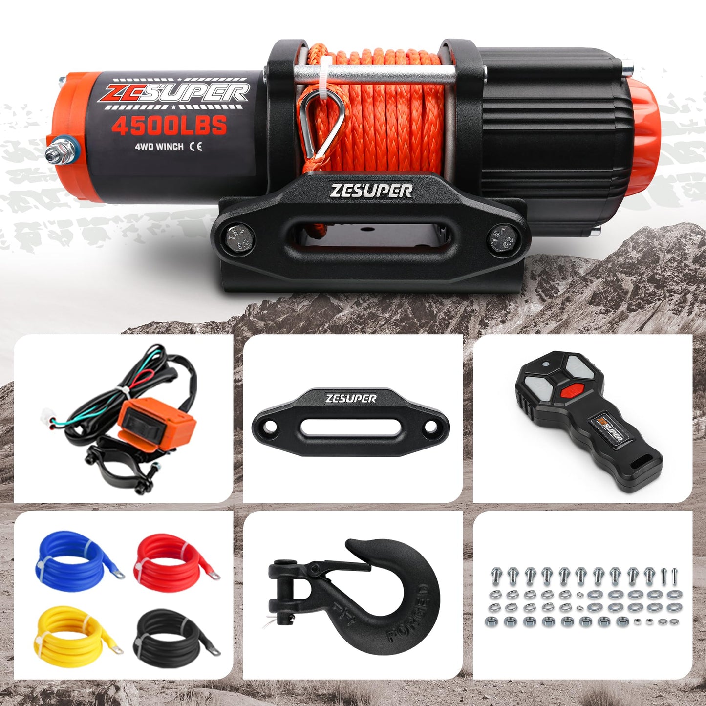 ZESUPER 4500 lb Winch Waterproof IP67 Electric Winch with Wireless Remote Synthetic Winch Rope Hawse Fairlead Handheld Remote ATV UTV Winches 12V Portable Power Winch