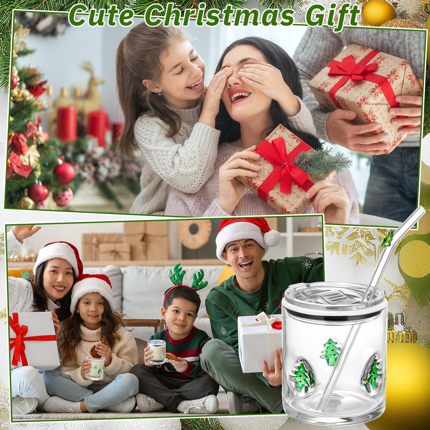 Patelai 2 Pcs Christmas Tree Icon Glasses Cups with Lids and Straws 15oz Reusable Drinking Iced Coffee Glass Cups Cute Xmas Tumbler Gifts for Christmas Adults Women Men Holiday Stocking Stuffer