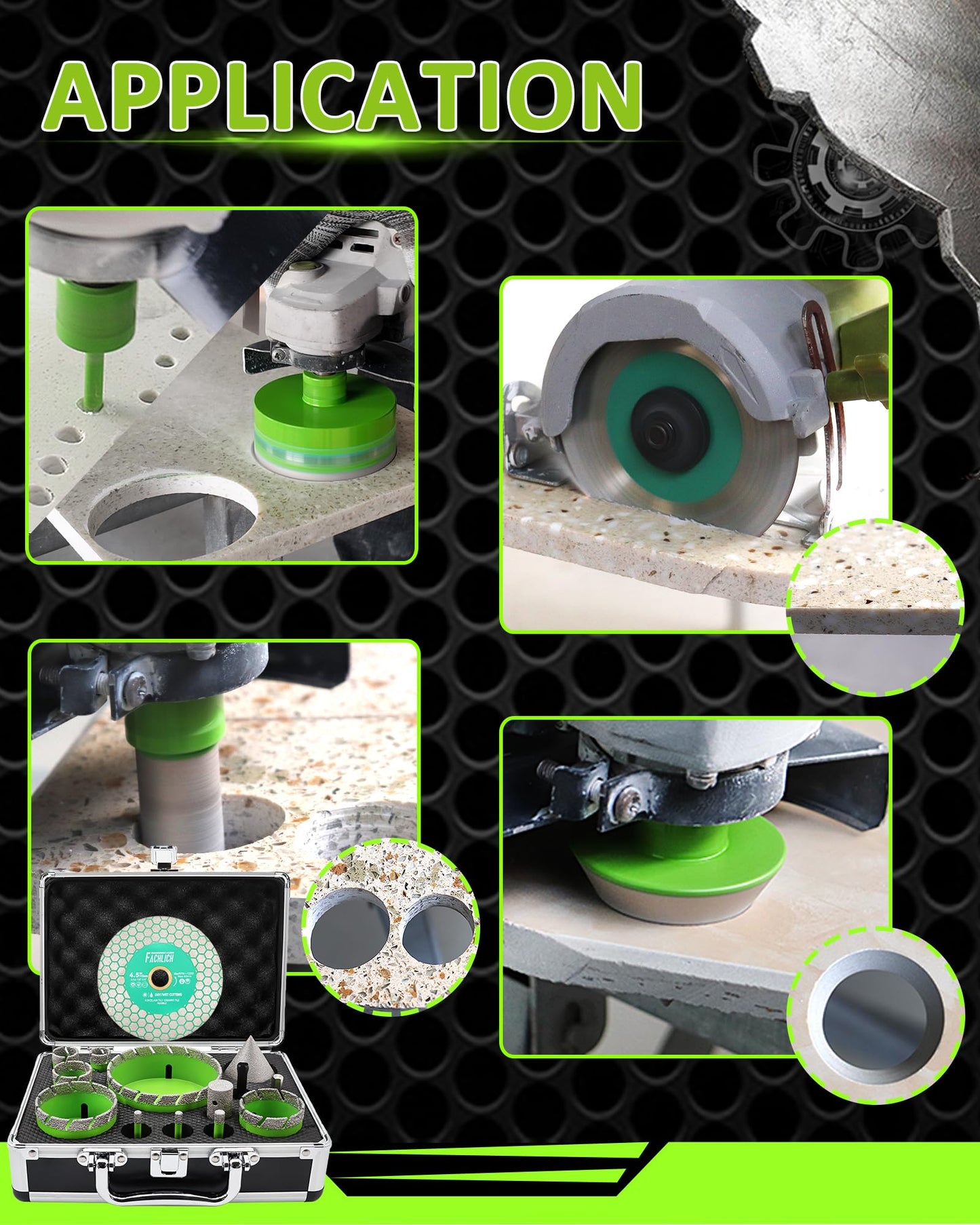 FACHLICH Tile Hole Saw Kit - 14pcs Diamond Hole Saw (6/6/8/20/25/35/50/65/100mm) with Finger Bit and Chamfer Bit, Tile Drill Bits for Porcelain Ceramic Marble Brick Granite,5/8"-11 Thread