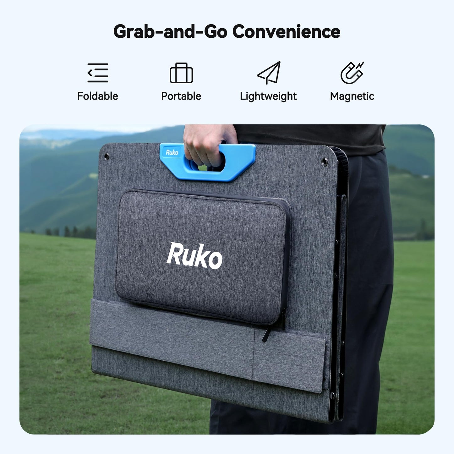 Ruko RK200 200W Portable Solar Panel, Foldable Monocrystalline Panel Charger with 23.5% Efficiency, Charging Expansion Box, IP67 Waterproof, Adjustable Kickstand for RVs, Camping, Blackout