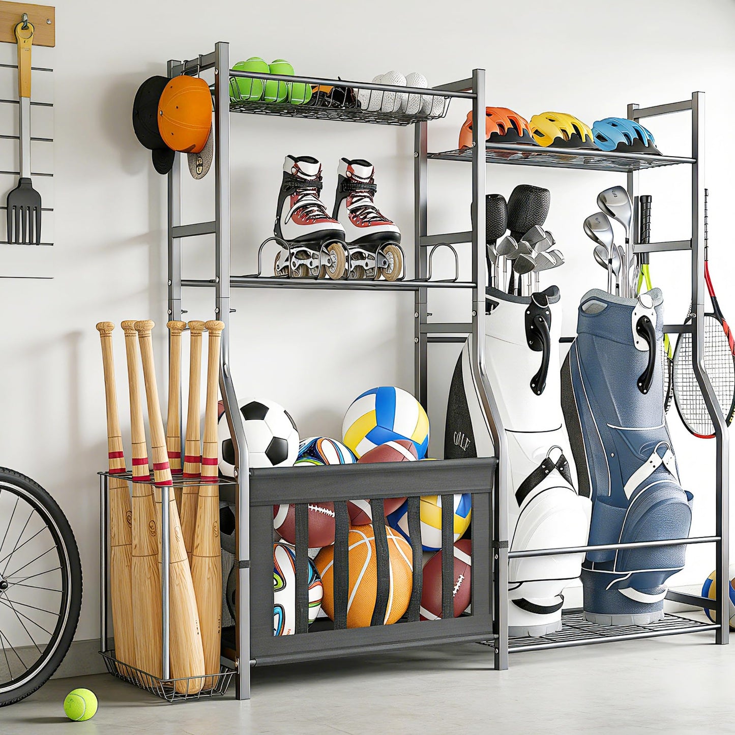 TORACK Golf Bags Stand with Ball Storage, Large Capacity Garage Sports Equipment Organizer, Indoor Toys Storage