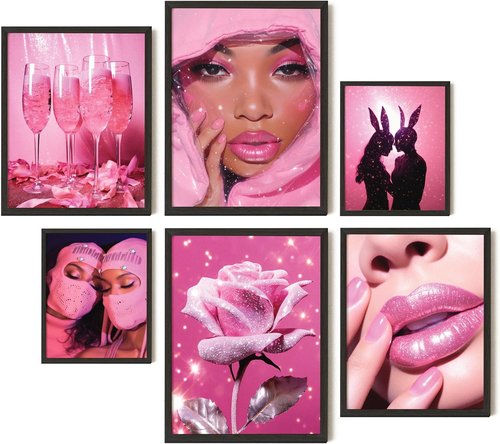 EXCOOL CLUB Pink Room Decor - Aesthetic 12x16 Hot Pink Wall Art Prints for Trendy Teen Girls Dorm (Unframed)