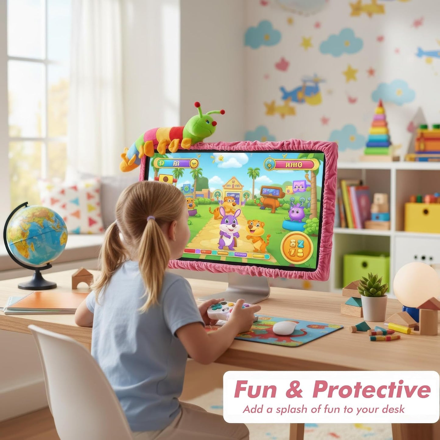 23"-27" Lovely Cute Caterpillar Computer Monitor Cover with Elastic, TV LCD Screen Monitor Decoration Dust Cover