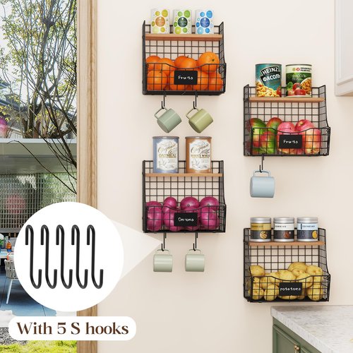 4 Pack Fruit Basket for Kitchen with Lid, Counter&Wall Mounted Hanging Fruit Basket, Potato and Onion Storage, Metal Wire Fruit and Vegetable Storage, Snack Organizer 11.81 * 8.66 * 10.63in