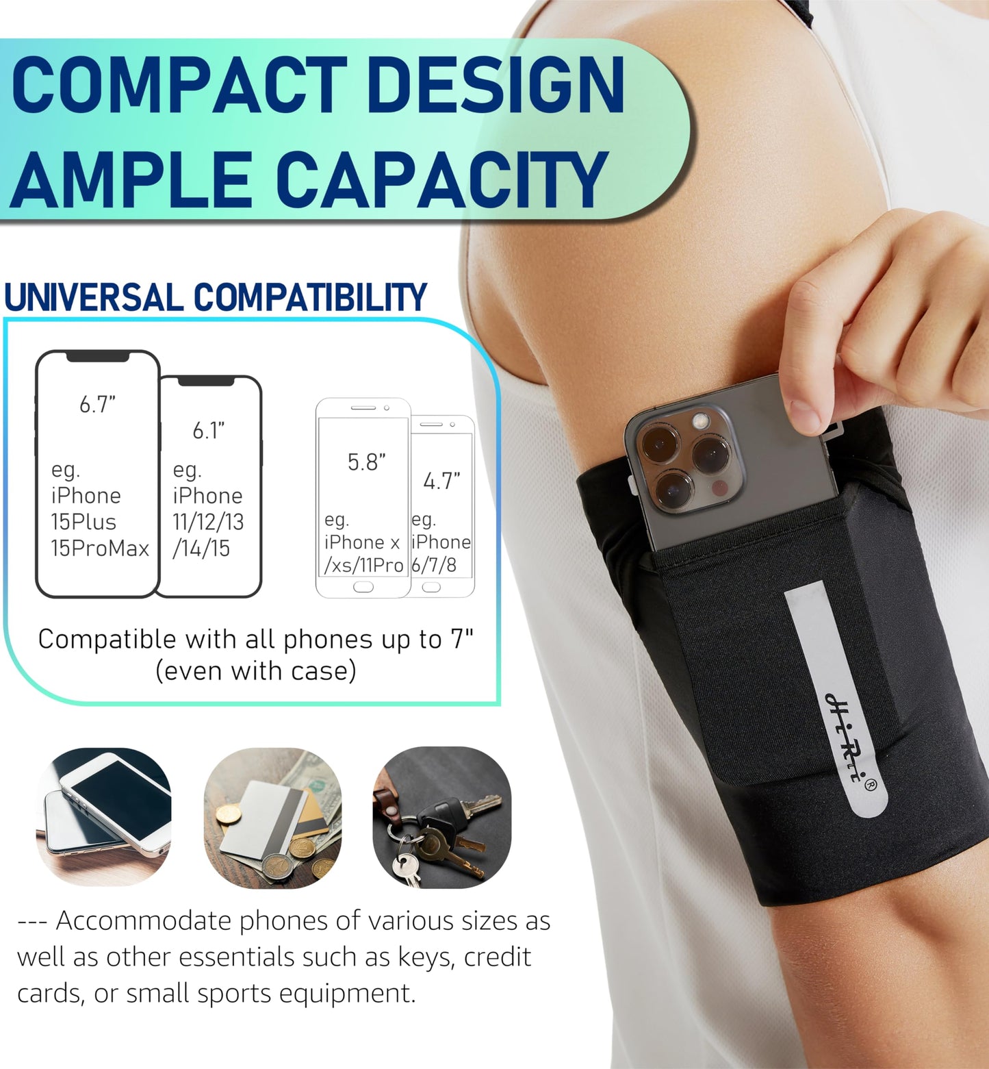 HiRui Running Armband Sleeve Universal Sports Armband Cell Phone Holder Armband for Exercise Workout, Compatible with iPhone 17/16/15/14/Plus/Pro Samsung Galaxy All Phones (M, Black)