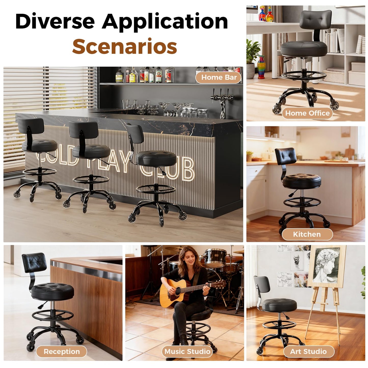 FREEKYROCK Office Drafting Chair with Footrest, Tall Height Adjustable Stool with Back Support, Heavy Duty Rolling Stool Chair with Wheels for Office Home Kitchen Bar Shop Guitar Studio Vanity, Black
