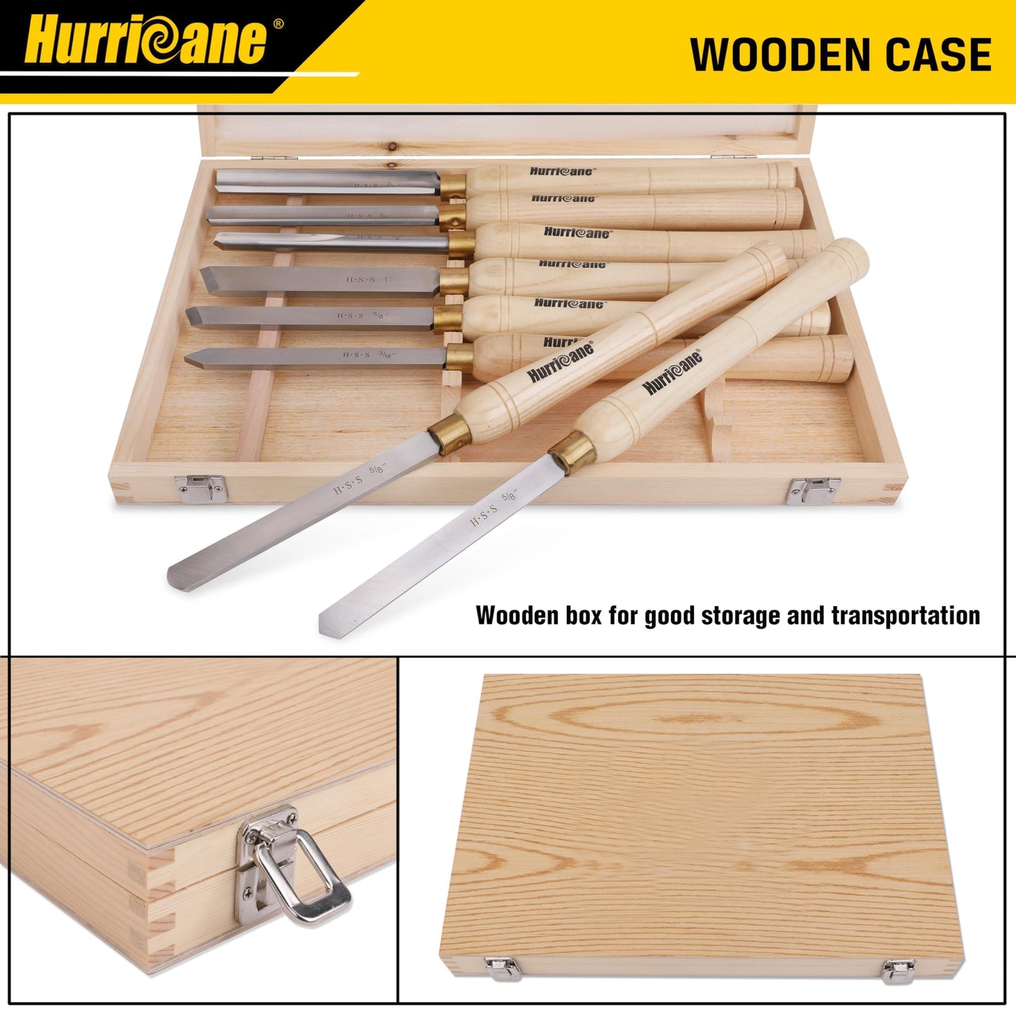 HURRICANE 8pc Wood Lathe Chisel Set, M2 HSS Wood Turning Tools with 10" Solid Hardwood Handles, Lathe Tool Kit for Beginners and DIY Hobbyists, Includes Protective Wooden Box