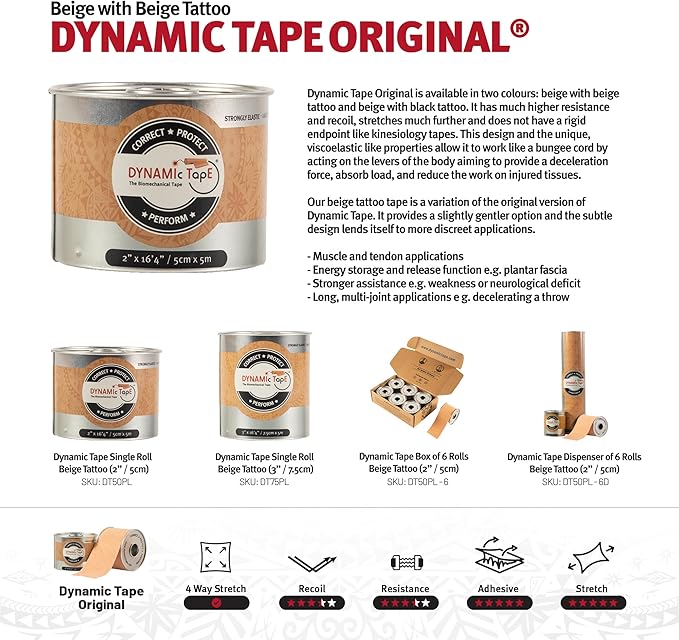 Dynamic Tape Original | Biomechanical Adhesive Tape | Physio Tape for Knee, Ankle, Shoulder, Leg, Muscle Support | Sports Tape for Football, Rugby, Ideal for Athletes | Beige & Beige - 3" (4)