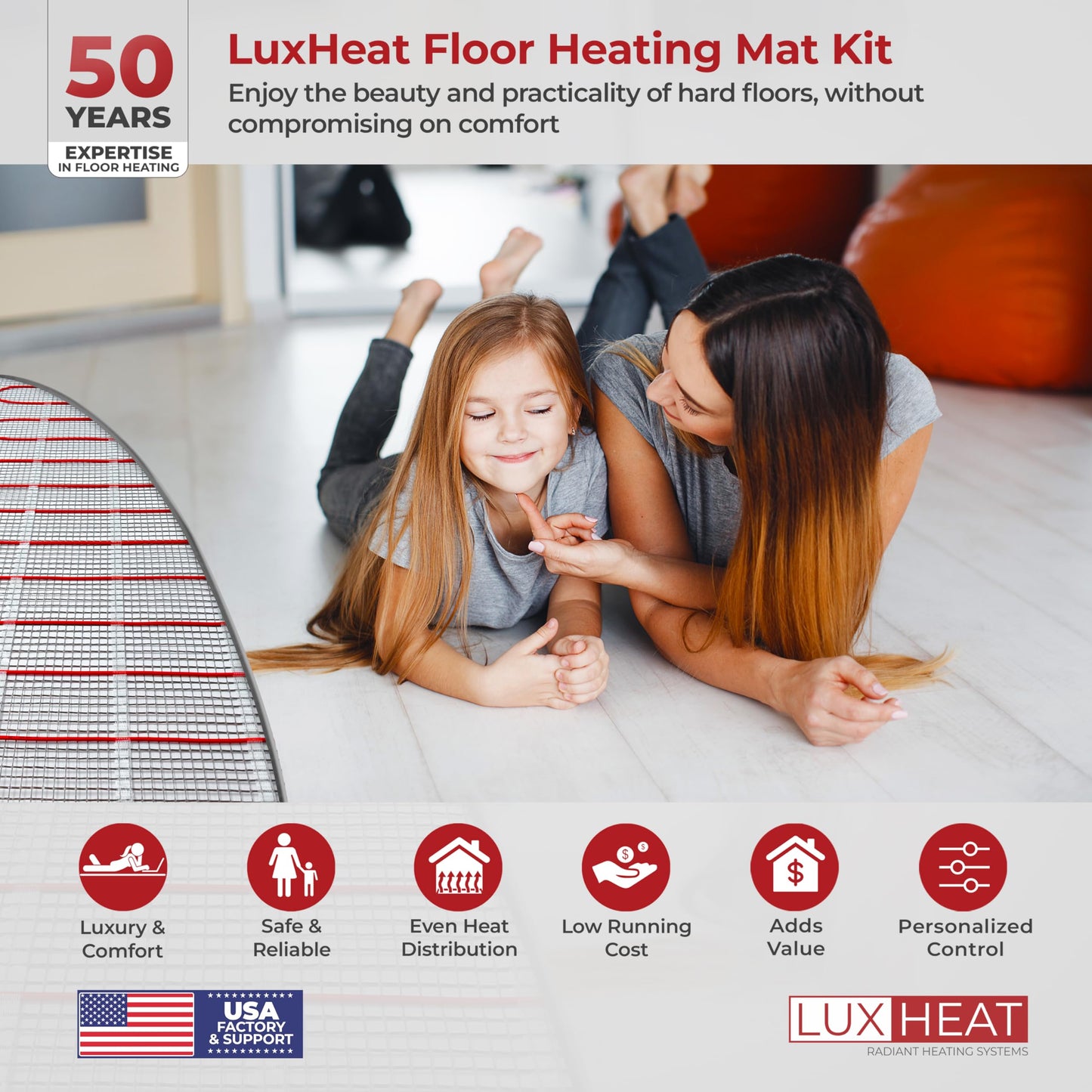 LuxHeat 90sqft Floor Heating Mat Kit - 120v In Floor Heating Mat for Tile, Laminate - Easy to Install Infloor Heat System - Includes UWG5 WiFi Programmable Thermostat w/GFCI, Alarm & Flooring Sensor
