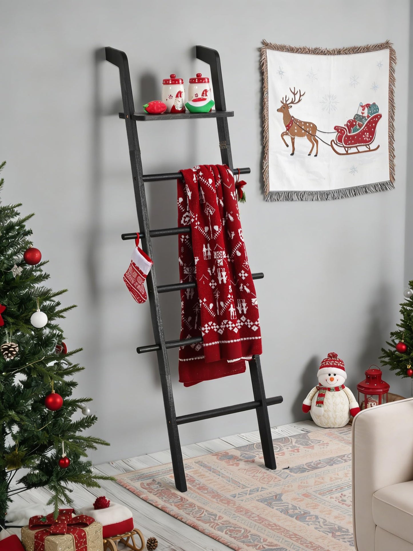 Taozun Minimalist Wood Blanket ladder - Boho Style Wall-leaning Display Towel Rack for Throw Quilt, Standing Ladder Shelf, Blanket Storage for Living Room, Bathroom