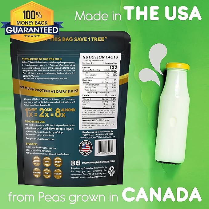 Folona Unsweetened Pea Milk Powder, Sugar Free Non-dairy Coffee Creamer. Perfect for Tea, Smothie, and Cooking - Vegan, Keto, Paleo Friendly - 1lb Plant Based Milk With 7.2 g Pea Protein Per Serving, Shelf Stable. Free of GMOs, Soy, Nut, Gluten, Lactose