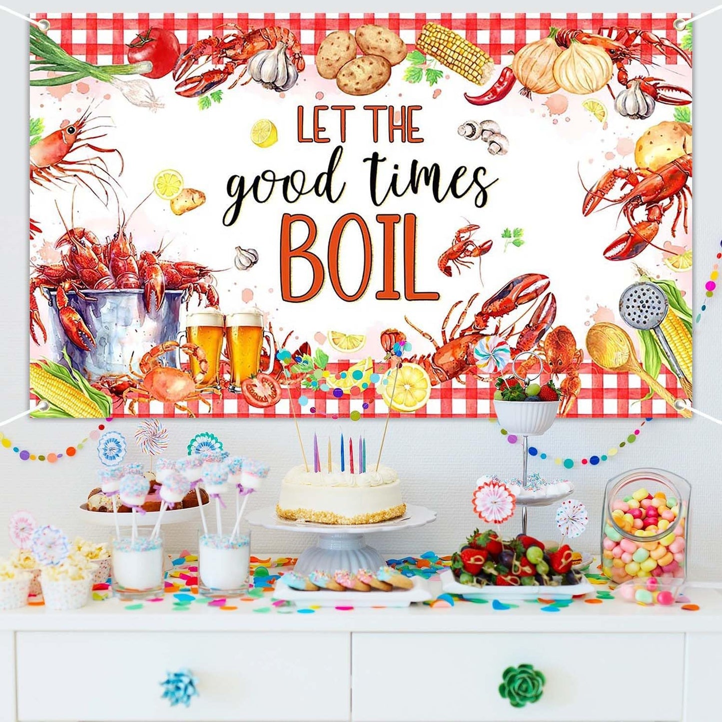 Joliaco (6x3.6ft) Crawfish Boil Birthday Banner Let The Good Times Boil Photography Background Red Seafood Boil Lobster